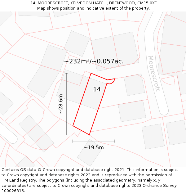 14, MOORESCROFT, KELVEDON HATCH, BRENTWOOD, CM15 0XF: Plot and title map