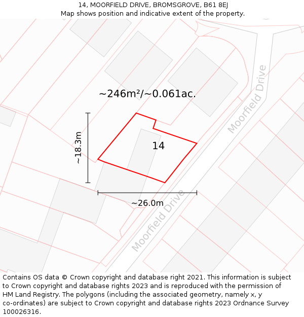 14, MOORFIELD DRIVE, BROMSGROVE, B61 8EJ: Plot and title map