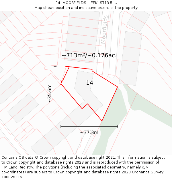 14, MOORFIELDS, LEEK, ST13 5LU: Plot and title map