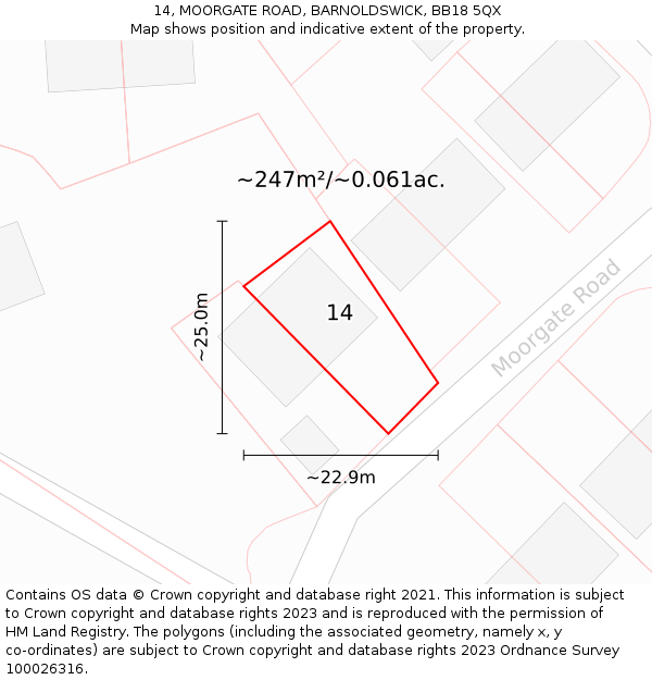 14, MOORGATE ROAD, BARNOLDSWICK, BB18 5QX: Plot and title map