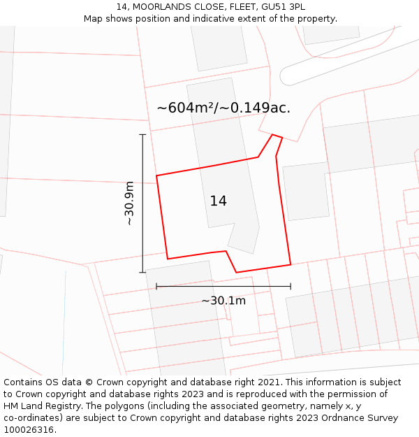 14, MOORLANDS CLOSE, FLEET, GU51 3PL: Plot and title map