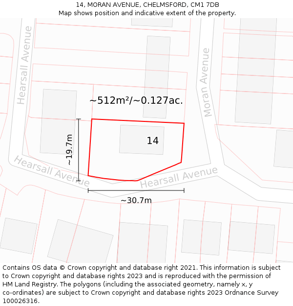 14, MORAN AVENUE, CHELMSFORD, CM1 7DB: Plot and title map