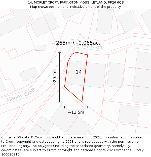 14, MORLEY CROFT, FARINGTON MOSS, LEYLAND, PR26 6QS: Plot and title map