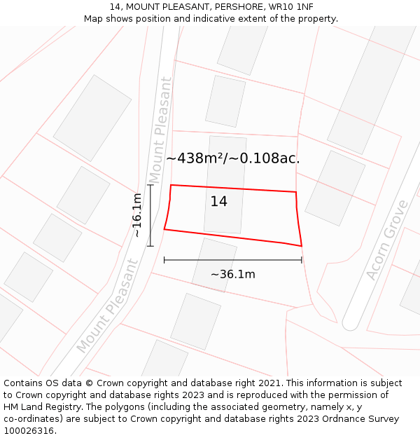 14, MOUNT PLEASANT, PERSHORE, WR10 1NF: Plot and title map