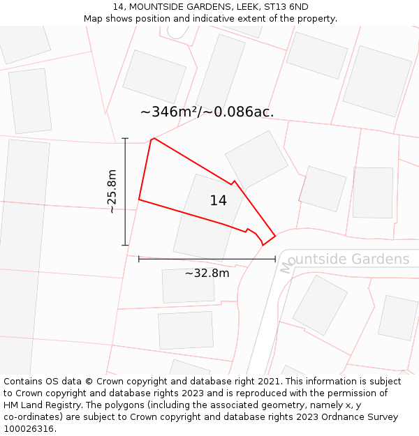 14, MOUNTSIDE GARDENS, LEEK, ST13 6ND: Plot and title map