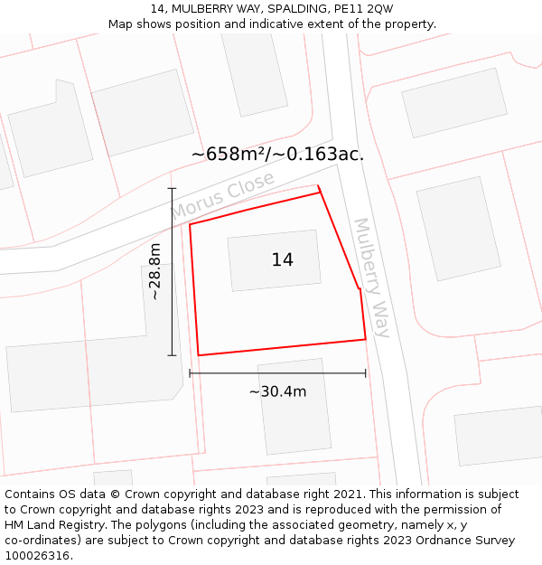 14, MULBERRY WAY, SPALDING, PE11 2QW: Plot and title map