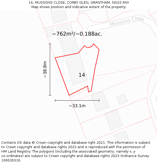 14, MUSSONS CLOSE, CORBY GLEN, GRANTHAM, NG33 4NY: Plot and title map