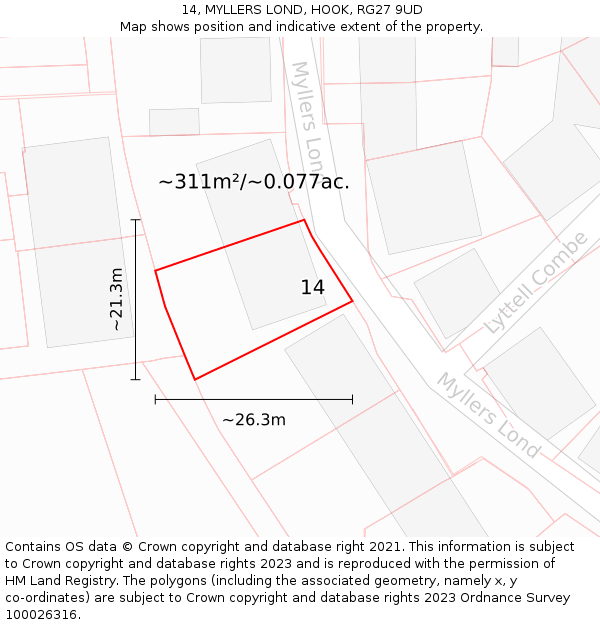 14, MYLLERS LOND, HOOK, RG27 9UD: Plot and title map