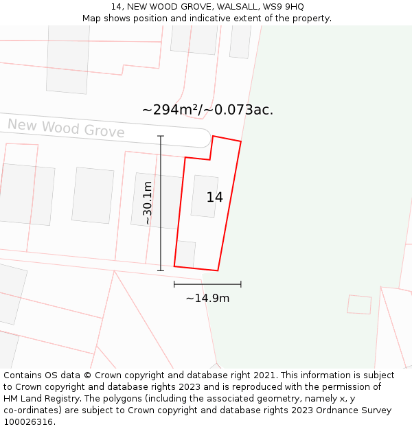 14, NEW WOOD GROVE, WALSALL, WS9 9HQ: Plot and title map