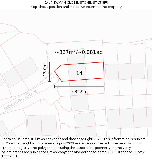 14, NEWMAN CLOSE, STONE, ST15 8FR: Plot and title map