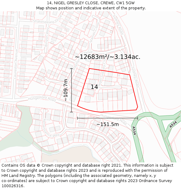 14, NIGEL GRESLEY CLOSE, CREWE, CW1 5GW: Plot and title map