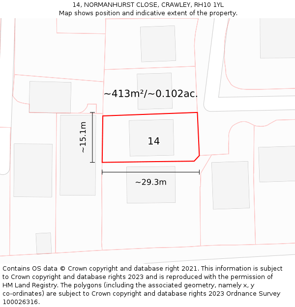 14, NORMANHURST CLOSE, CRAWLEY, RH10 1YL: Plot and title map