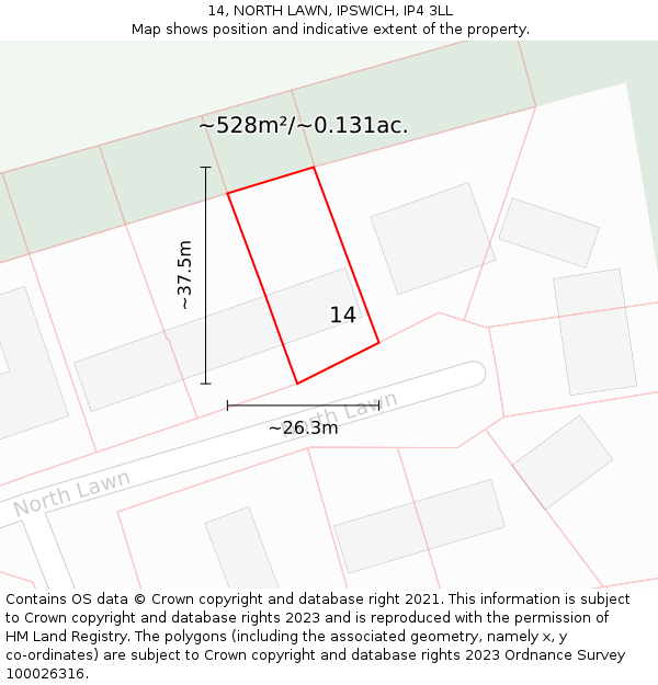 14, NORTH LAWN, IPSWICH, IP4 3LL: Plot and title map