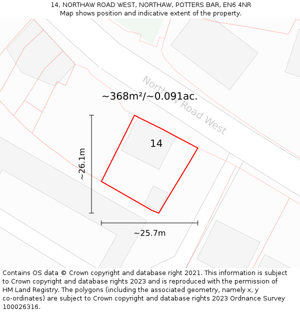 14, NORTHAW ROAD WEST, NORTHAW, POTTERS BAR, EN6 4NR: Plot and title map