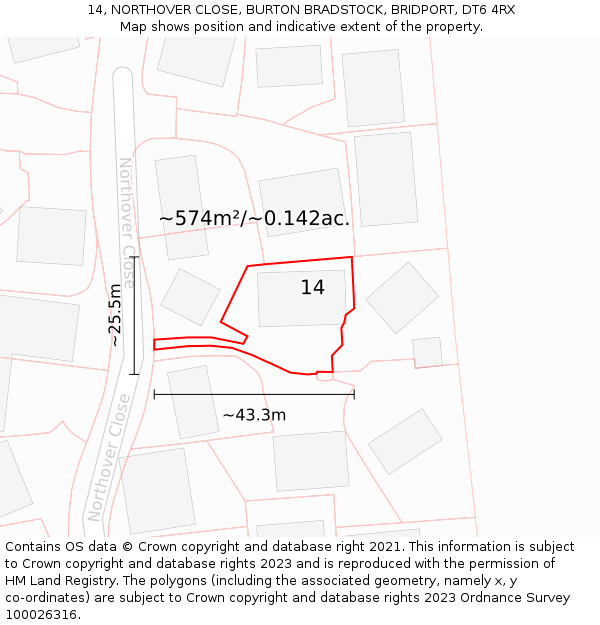 14, NORTHOVER CLOSE, BURTON BRADSTOCK, BRIDPORT, DT6 4RX: Plot and title map