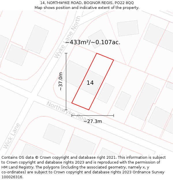 14, NORTHWYKE ROAD, BOGNOR REGIS, PO22 8QQ: Plot and title map