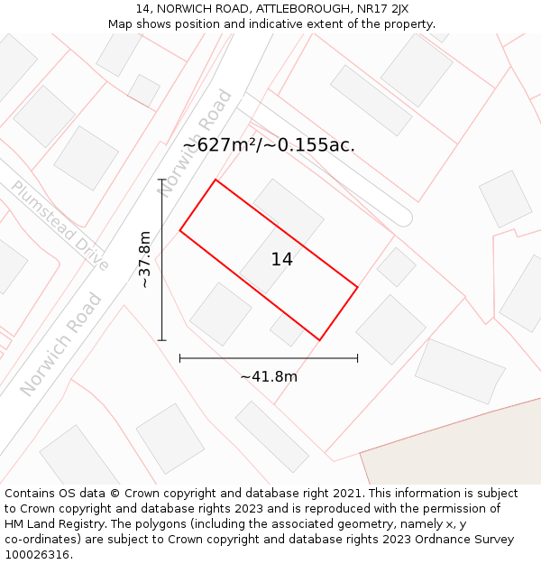 14, NORWICH ROAD, ATTLEBOROUGH, NR17 2JX: Plot and title map