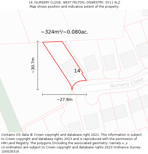 14, NURSERY CLOSE, WEST FELTON, OSWESTRY, SY11 4LZ: Plot and title map