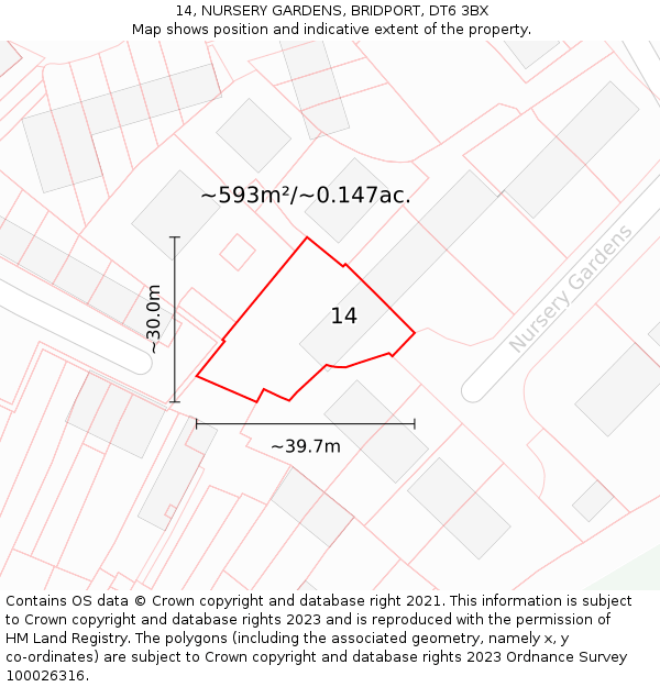 14, NURSERY GARDENS, BRIDPORT, DT6 3BX: Plot and title map