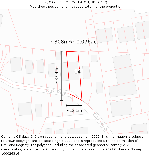 14, OAK RISE, CLECKHEATON, BD19 4EQ: Plot and title map