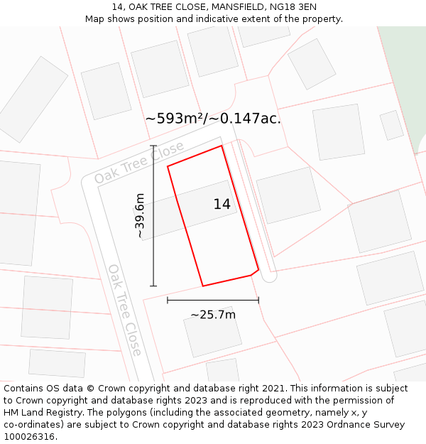 14, OAK TREE CLOSE, MANSFIELD, NG18 3EN: Plot and title map