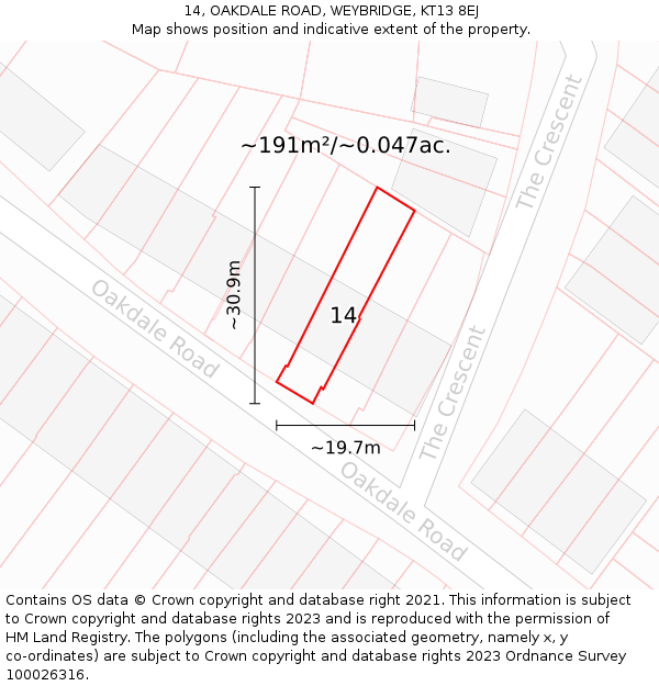 14, OAKDALE ROAD, WEYBRIDGE, KT13 8EJ: Plot and title map