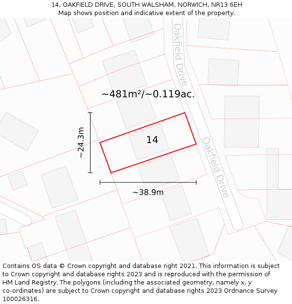 14, OAKFIELD DRIVE, SOUTH WALSHAM, NORWICH, NR13 6EH: Plot and title map