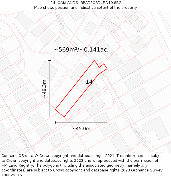 14, OAKLANDS, BRADFORD, BD10 8RG: Plot and title map