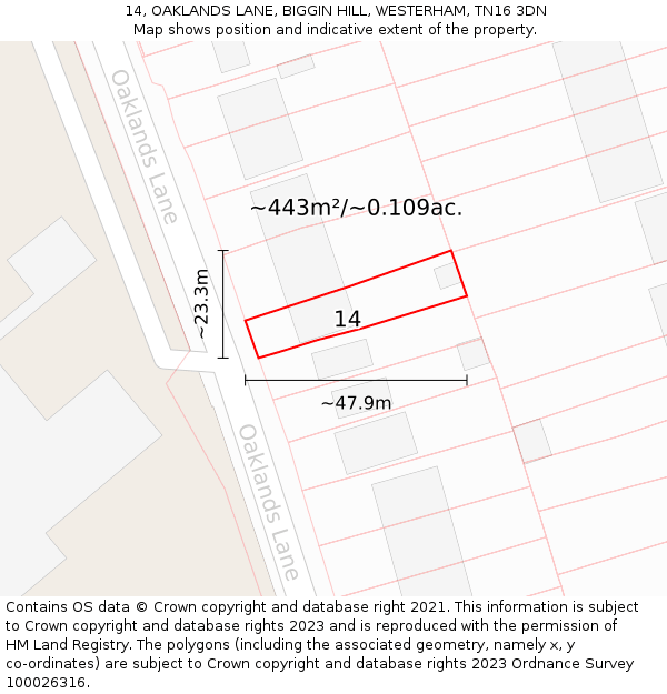 14, OAKLANDS LANE, BIGGIN HILL, WESTERHAM, TN16 3DN: Plot and title map