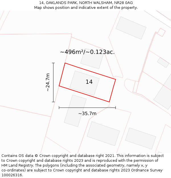 14, OAKLANDS PARK, NORTH WALSHAM, NR28 0AG: Plot and title map