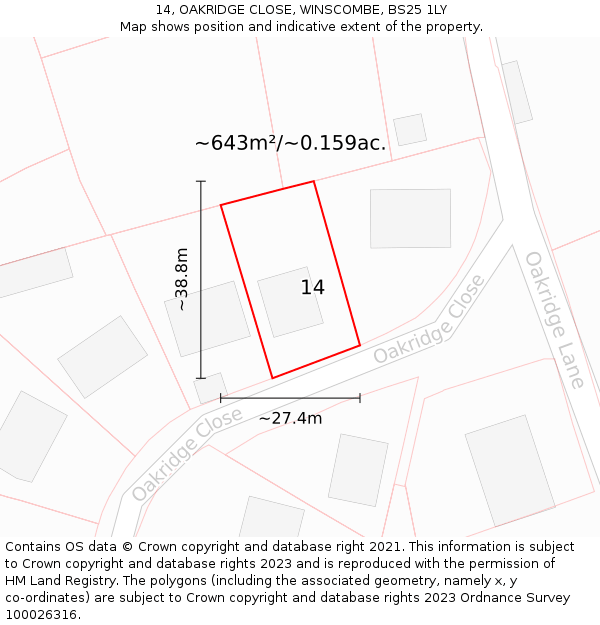 14, OAKRIDGE CLOSE, WINSCOMBE, BS25 1LY: Plot and title map