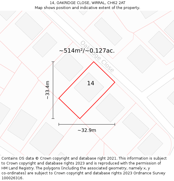 14, OAKRIDGE CLOSE, WIRRAL, CH62 2AT: Plot and title map
