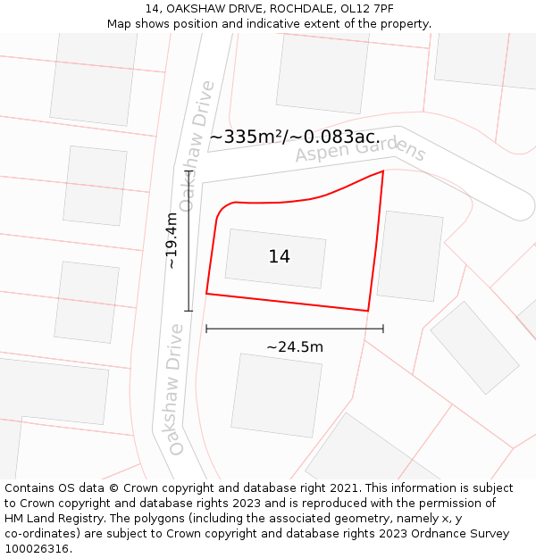 14, OAKSHAW DRIVE, ROCHDALE, OL12 7PF: Plot and title map