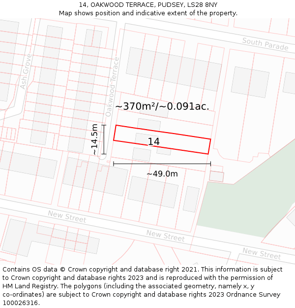 14, OAKWOOD TERRACE, PUDSEY, LS28 8NY: Plot and title map