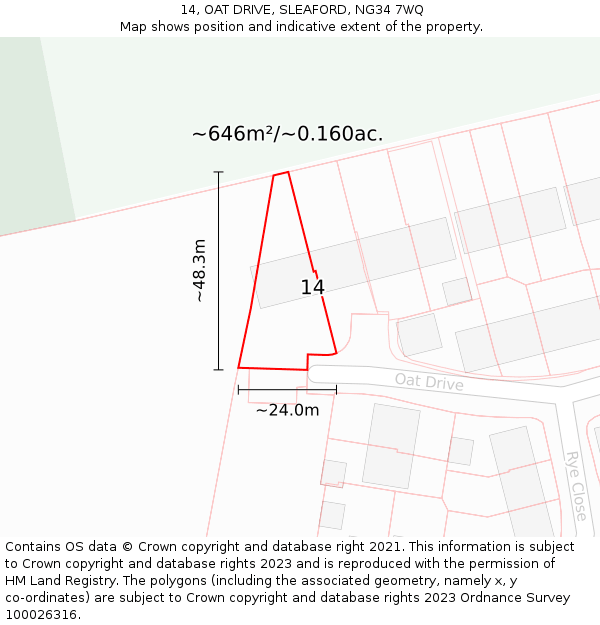 14, OAT DRIVE, SLEAFORD, NG34 7WQ: Plot and title map