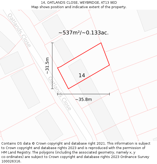 14, OATLANDS CLOSE, WEYBRIDGE, KT13 9ED: Plot and title map