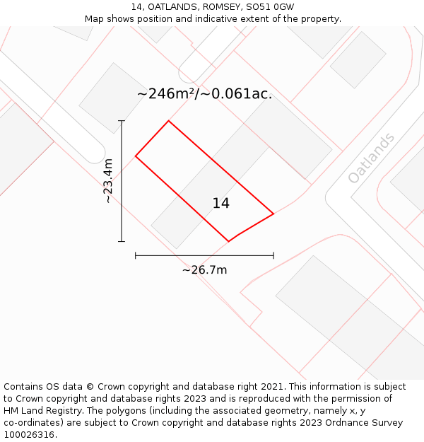 14, OATLANDS, ROMSEY, SO51 0GW: Plot and title map