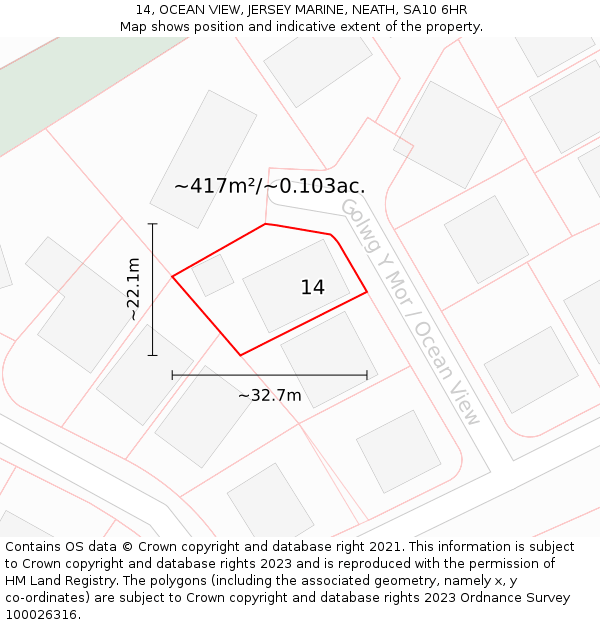 14, OCEAN VIEW, JERSEY MARINE, NEATH, SA10 6HR: Plot and title map