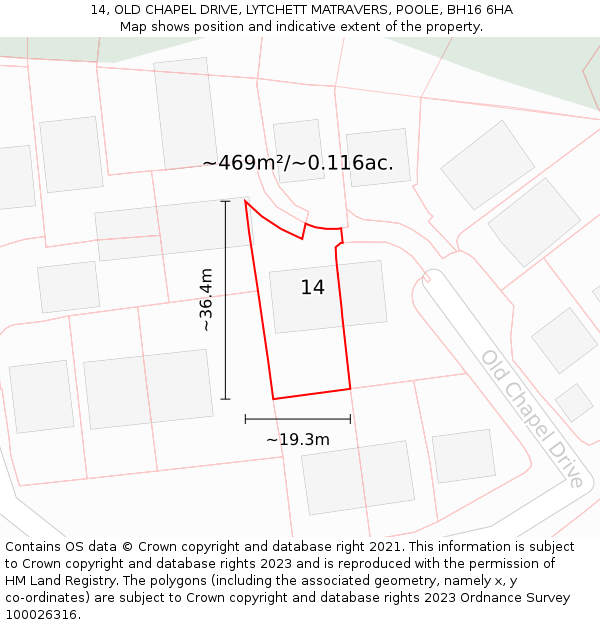 14, OLD CHAPEL DRIVE, LYTCHETT MATRAVERS, POOLE, BH16 6HA: Plot and title map