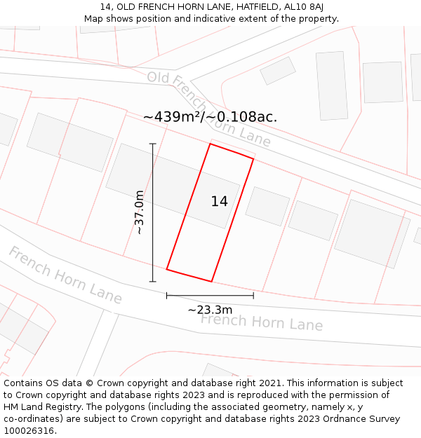 14, OLD FRENCH HORN LANE, HATFIELD, AL10 8AJ: Plot and title map