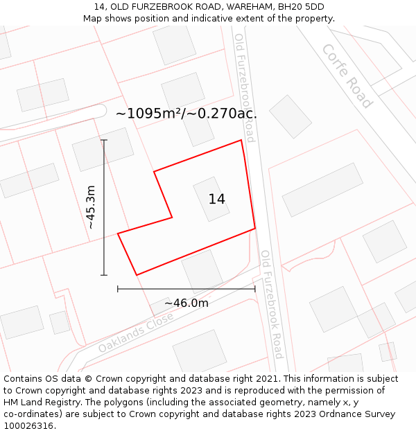 14, OLD FURZEBROOK ROAD, WAREHAM, BH20 5DD: Plot and title map