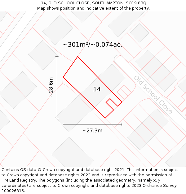 14, OLD SCHOOL CLOSE, SOUTHAMPTON, SO19 8BQ: Plot and title map