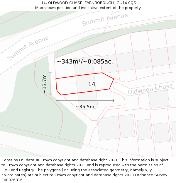 14, OLDWOOD CHASE, FARNBOROUGH, GU14 0QS: Plot and title map