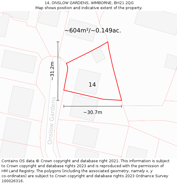 14, ONSLOW GARDENS, WIMBORNE, BH21 2QG: Plot and title map