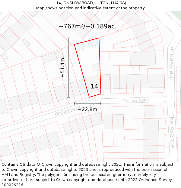 14, ONSLOW ROAD, LUTON, LU4 9AJ: Plot and title map