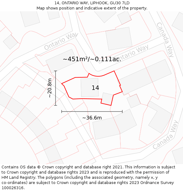 14, ONTARIO WAY, LIPHOOK, GU30 7LD: Plot and title map