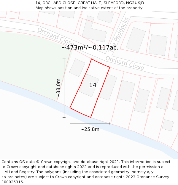 14, ORCHARD CLOSE, GREAT HALE, SLEAFORD, NG34 9JB: Plot and title map