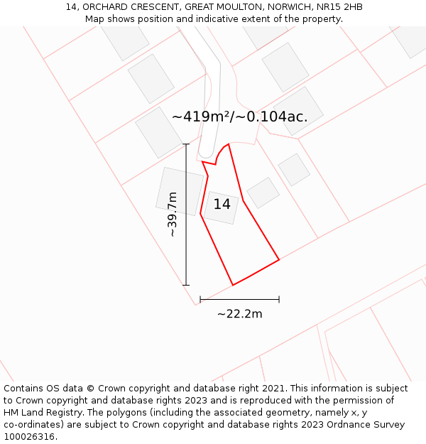 14, ORCHARD CRESCENT, GREAT MOULTON, NORWICH, NR15 2HB: Plot and title map