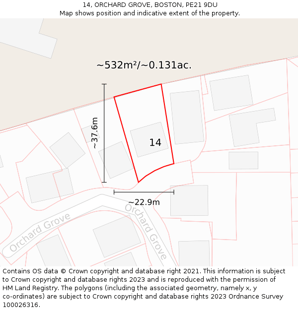 14, ORCHARD GROVE, BOSTON, PE21 9DU: Plot and title map