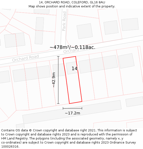 14, ORCHARD ROAD, COLEFORD, GL16 8AU: Plot and title map